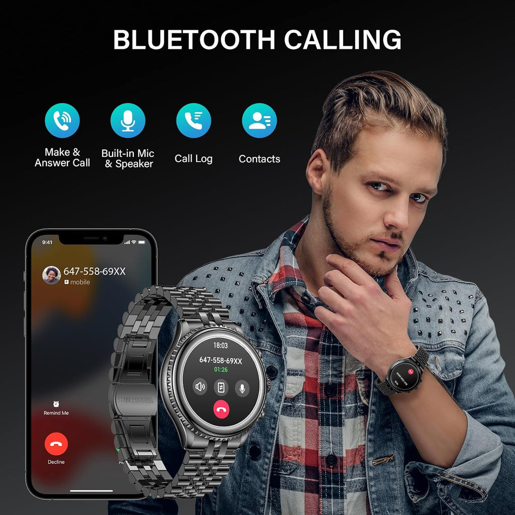 2026 Rotating Bezel Smart Watch for Men with Bluetooth Call, Heart Rate, Blood Pressure, SpO2, Sleep Monitor, Waterproof Round Watch with Encoder Knob, 1.32' AMOLED Display, Compatible Android and iOS