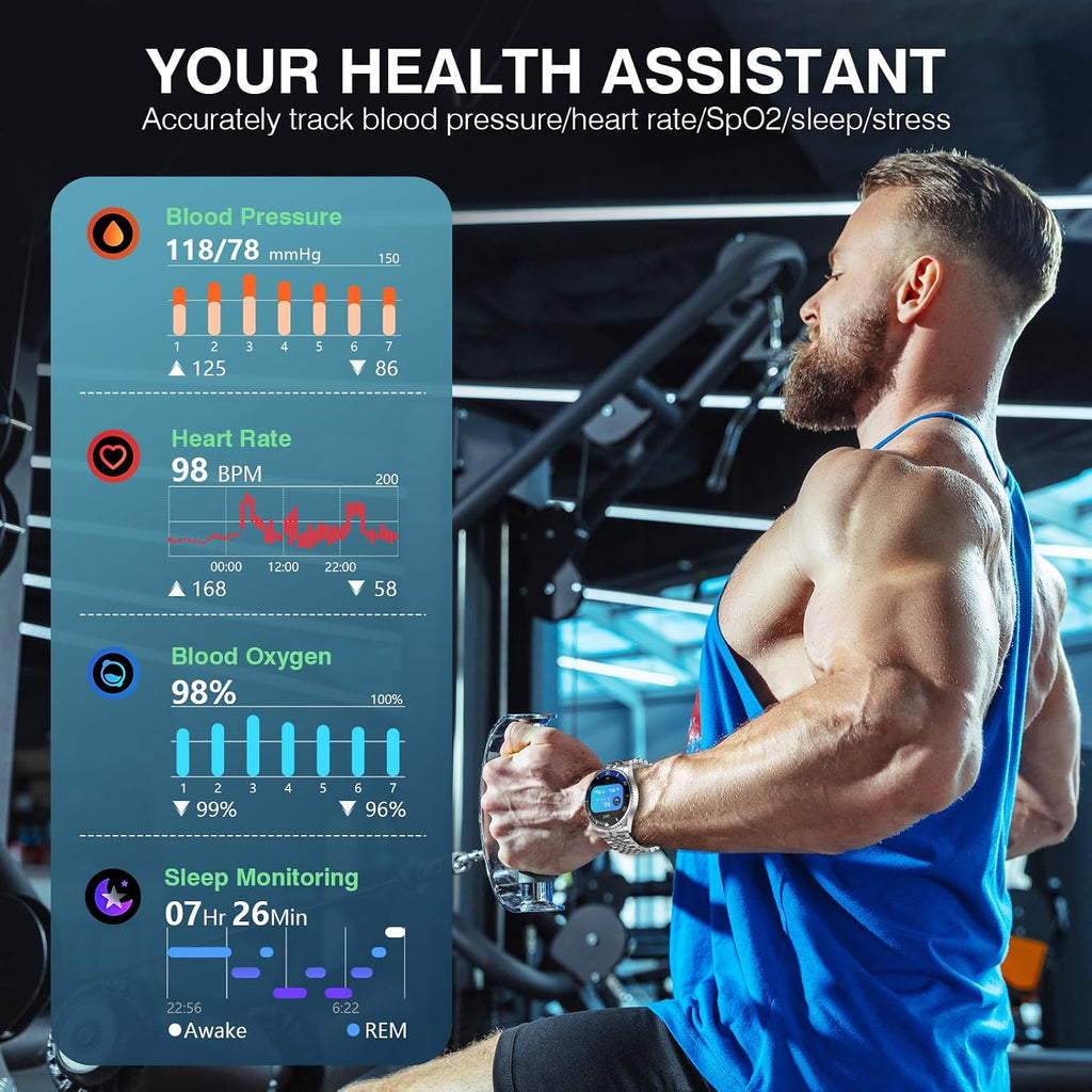 SOUYIE 2025 DA GPT Smart Watch for Men, Heart Rate, Blood Pressure, Blood Oxygen, Sleep Monitor, 107 Sports Modes, 1.19-inch AMOLED Display, Waterproof Round Watch, Compatible Android iOS Silver Blue