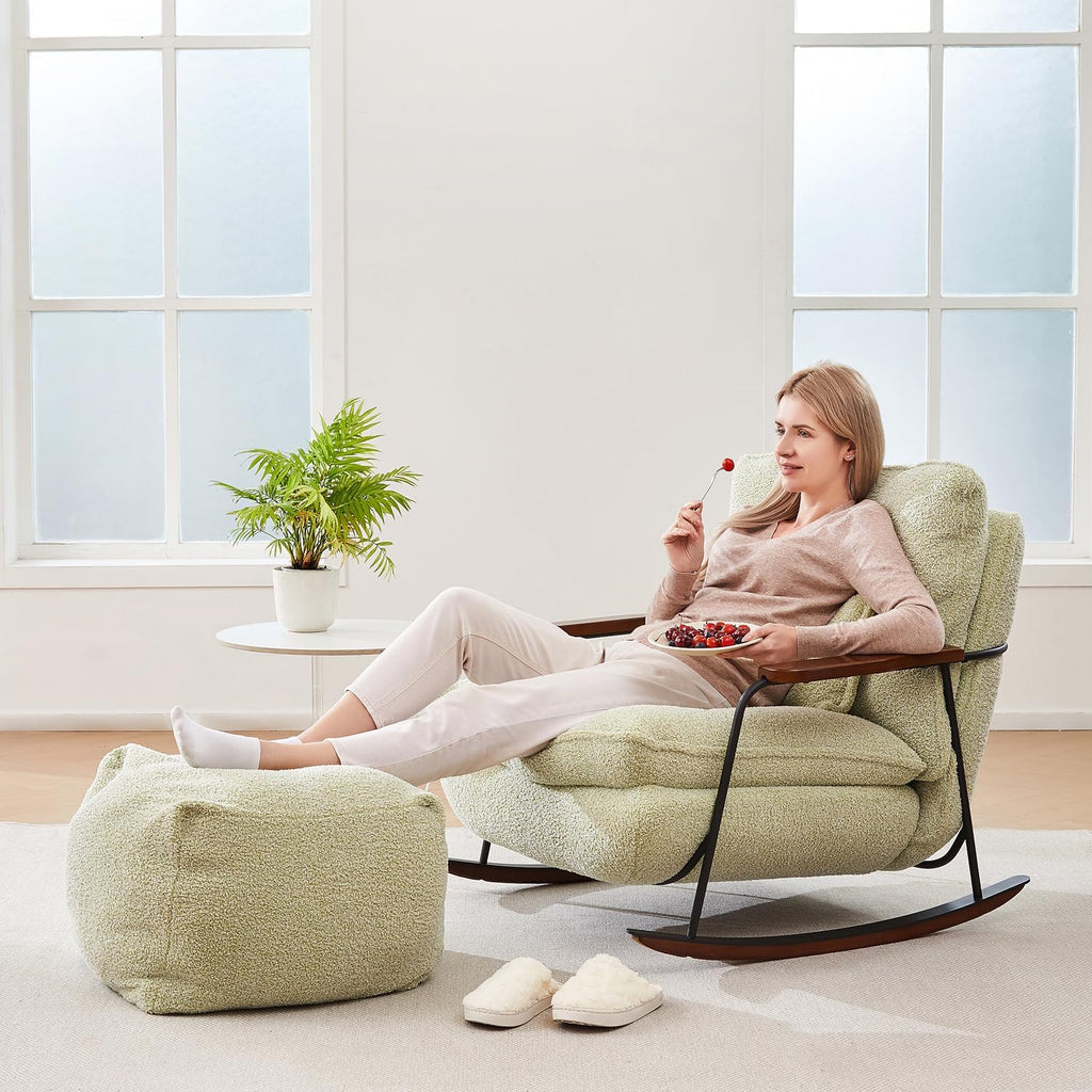 zyz Nursery Rocking Chair with Pillow, Teddy Upholstered Oversized Accent Chair Rocker Recliner, Solid Wood Frame, DIY Ottoman Footrest, Lazy Sofa for Living Room Bedroom (Teddy, Light Green)