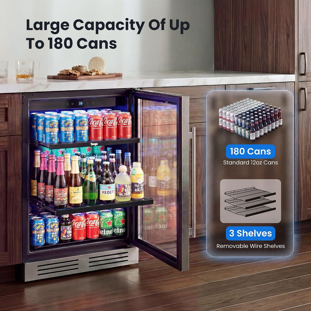 Yeego Beverage Refrigerator & Drink Fridge - 24 inch 180 Cans Beer Cooler Glass Door, 34-54℉ Under Counter Refrigerator Built-in for Drink Soda Wine for Bar Office Bedroom