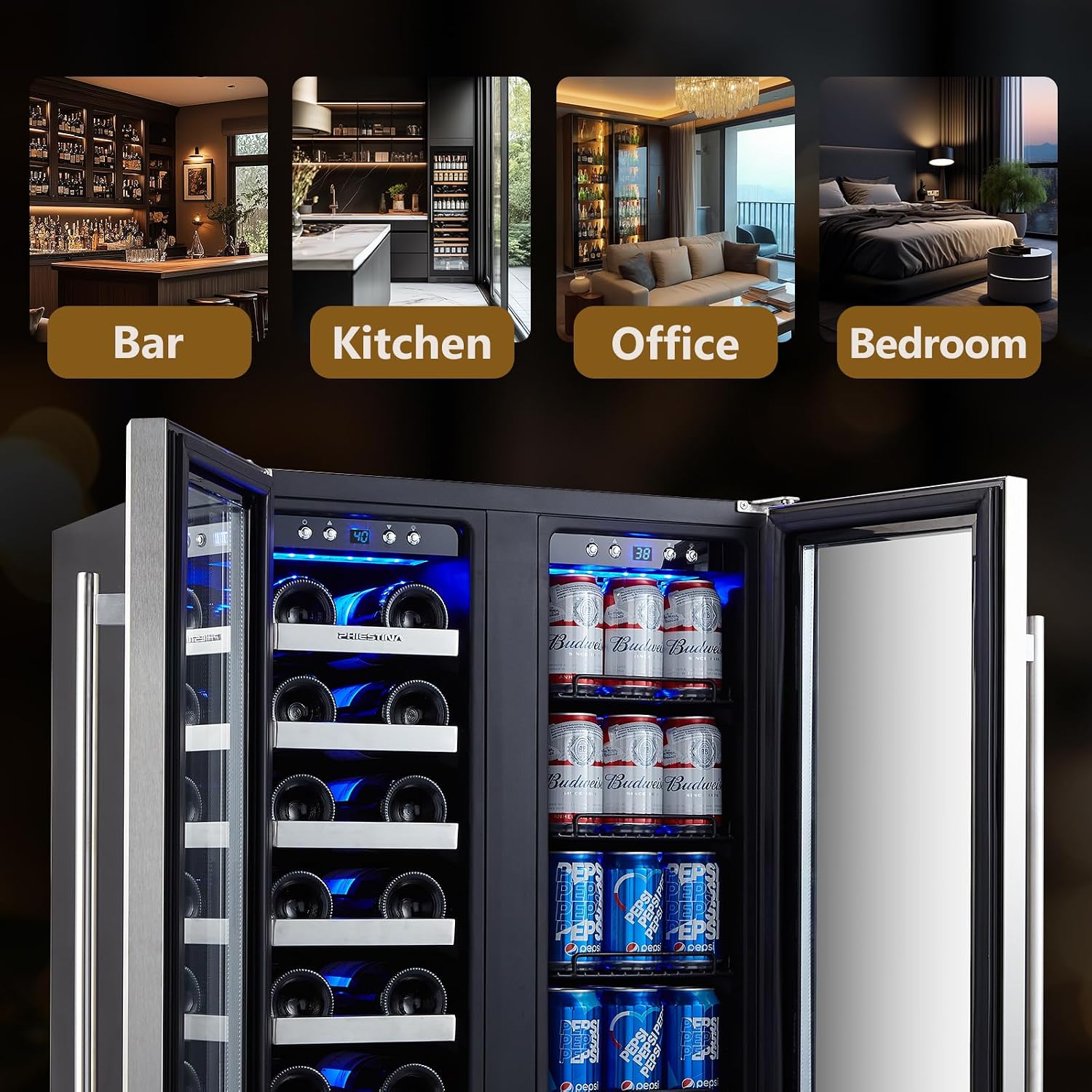 Phiestina Wine and Beverage Refrigerator, 24'' Wine Cooler- 20 Bottles&78 Cans, Built-in/Freestanding Dual Zone Wine Fridge with Glass Door, Removable Shelves for Home/Bar/Office