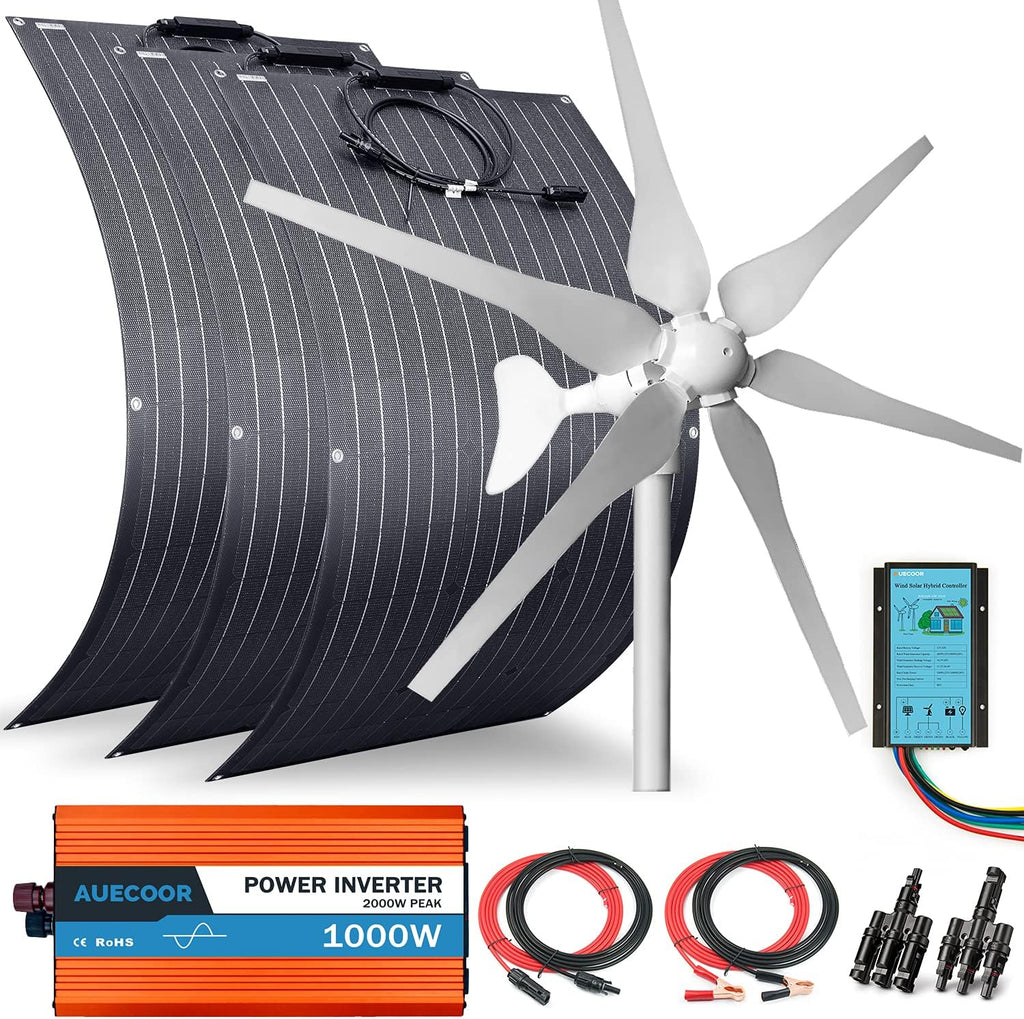 700W Solar & Wind Power Kits Home Off-Grid System for Charging 12V Battery：400W Wind Turbine Generator + 300W ETFE Flexible Mono Solar Panel + Hybrid Charge Controller+ 1000W 12V Inverter