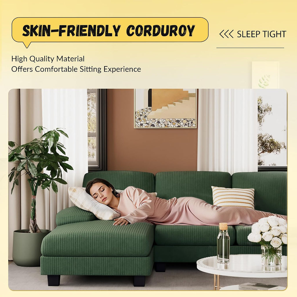JUMMICO Sectional Couches for Living Room, U Shaped Couch with Chenille Fabric, 4 Seat Modern Sofa with Removable Pillows for Apartment and Small Space (Corduroy, Light Green)