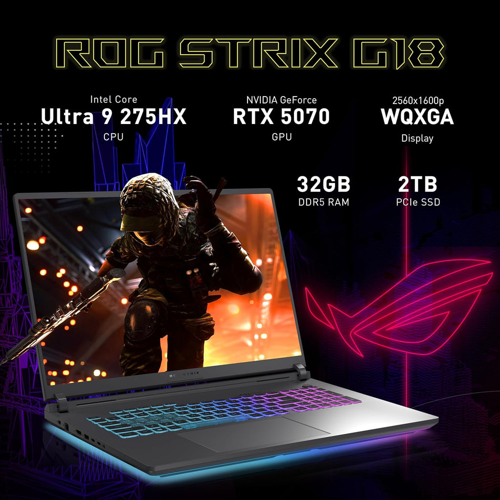 ASUS ROG Strix G18 18' WQXGA 240Hz Gaming Laptop, GeForce RTX 5070 8GB, Intel Ultra 9 275HX, 32GB DDR5, 3TB Storage (2TB SSD + 1TB Docking Station Set), Backlit Keyboard, IR Camera, Win 11 Pro, Gray