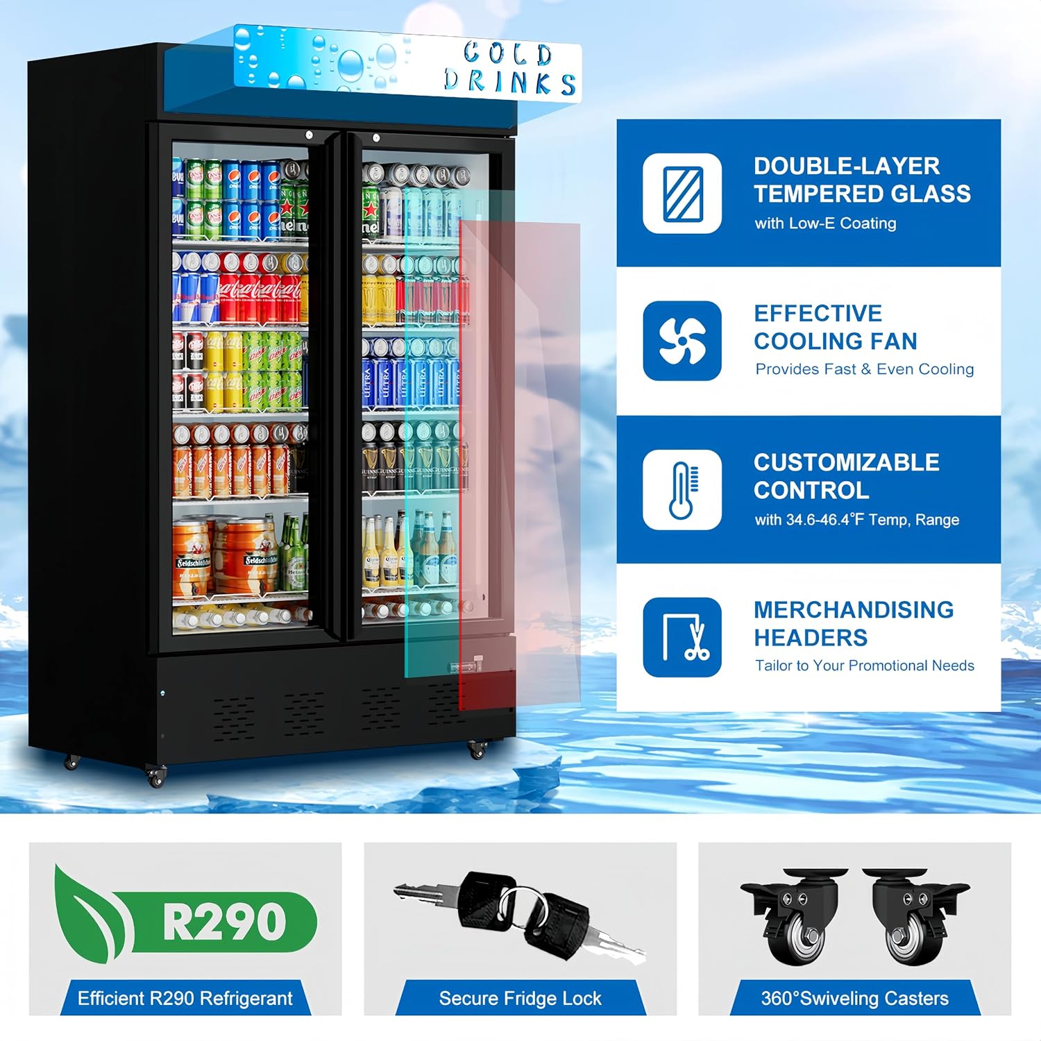 Commercial Beverage Refrigerator, 40 Cu.ft.Display Fridge Glass Door Upright Display Door with Adjustable Shelves LED Light for Restaurant,Grocery Stores,Office