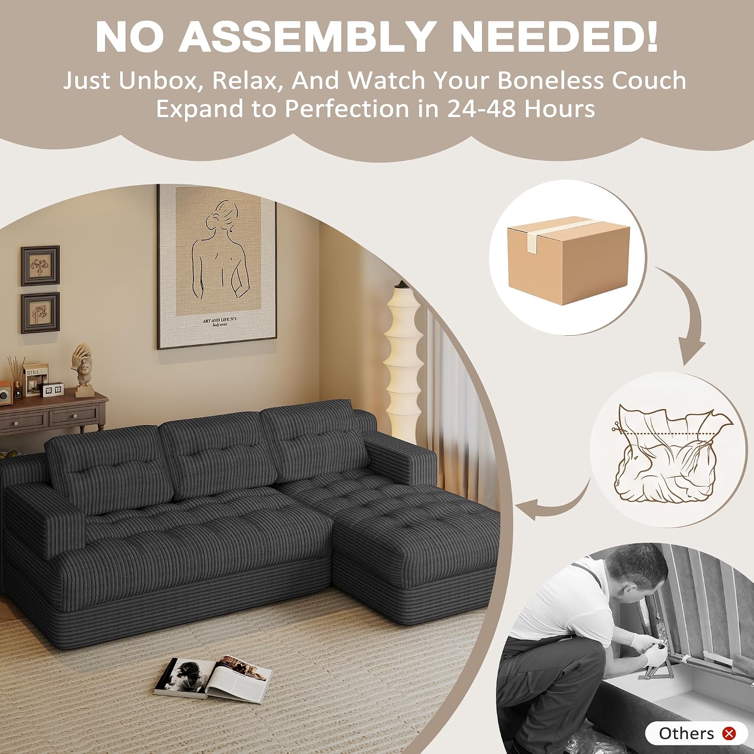 Boneless Couch, 2026 New Boneless Sectional Couch with Deep Seat & Chaise for Small Spaces, Upholstered Cloud Couch Sectional Boneless Couches for Living Room, No Assembly, Right Facing Chaise, Grey