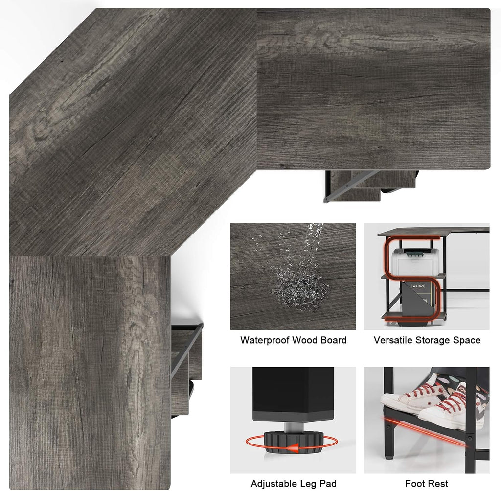 Teraves Modern L Shaped Desk with Shelves,64.84' Gaming Computer Desk for Home Office,Corner Desk with Desktop (Black Oak+Black Frame, Large+4 Tier Shelves)