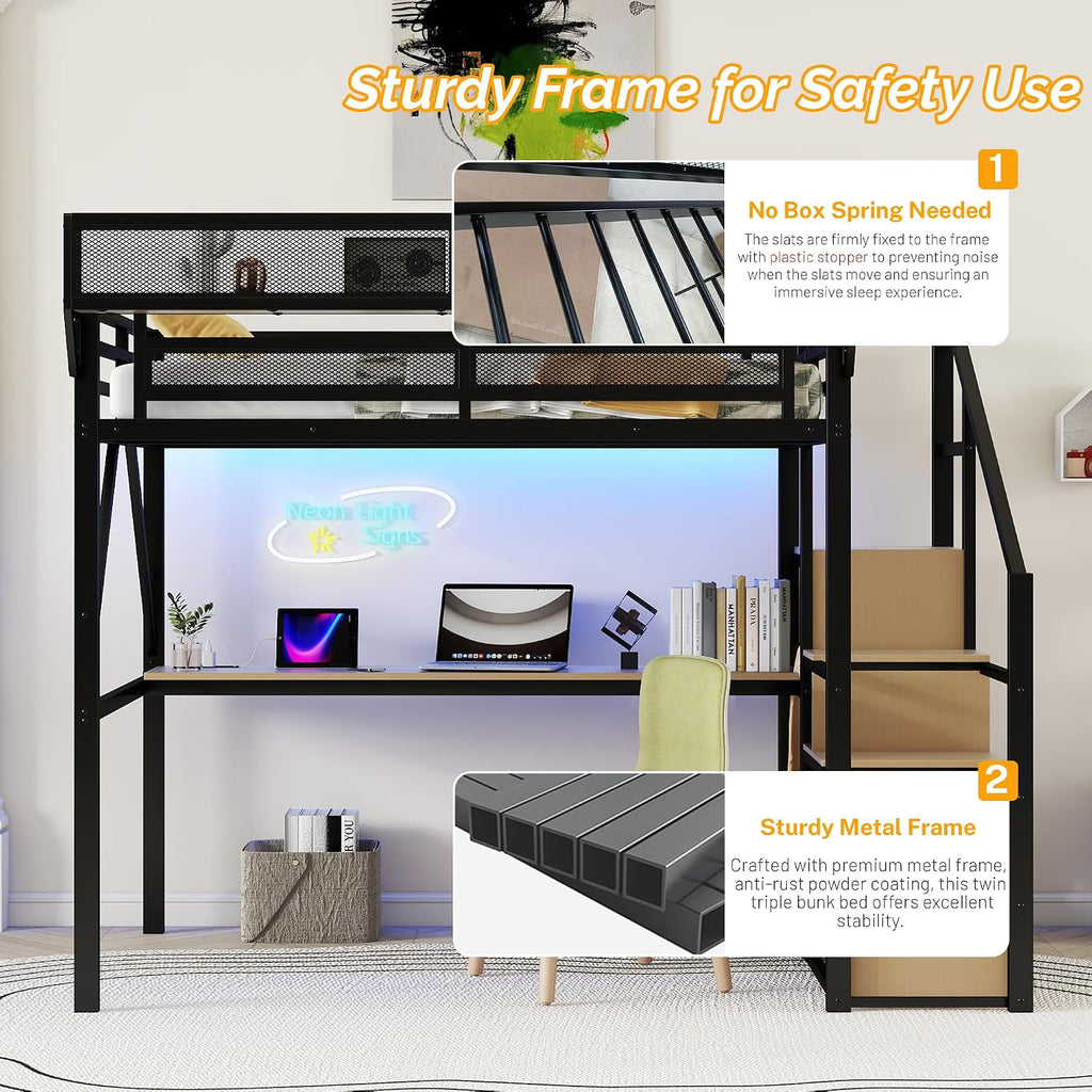 Mirightone Full Size Loft Bed with Stairs & Desk, Metal Loft Bed Frame with LED and Charging Station, High Loft Beds Gaming Lofted Full Bed with Storage Shelf for Kids and Teens (Black+Natural)