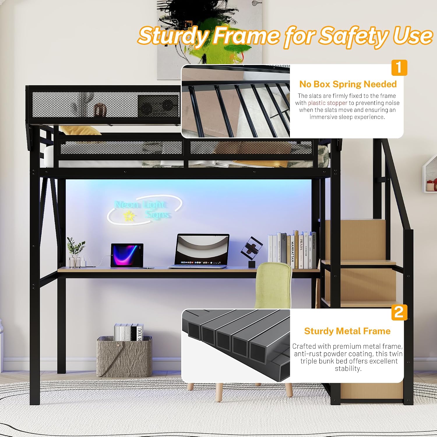 Mirightone Full Size Loft Bed with Stairs & Desk, Metal Loft Bed Frame with LED and Charging Station, High Loft Beds Gaming Lofted Full Bed with Storage Shelf for Kids and Teens (Black+Natural)
