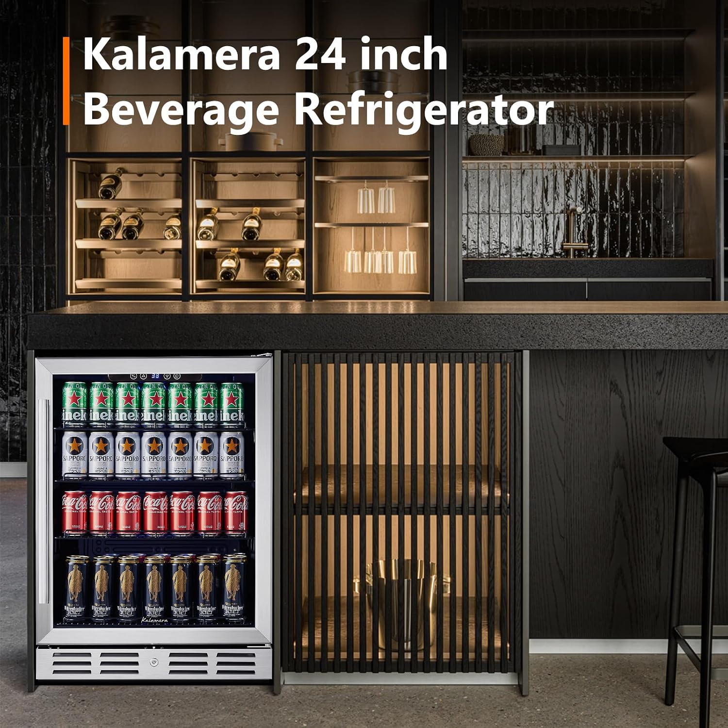 24 Inch Under Counter Beverage Fridge -Max 164Cans Capacity Drink cooler,Wide 24''Perfectly for Built in Space, Adjustable shelves for any size beverage/beer/soda Transparent door Refrigerator