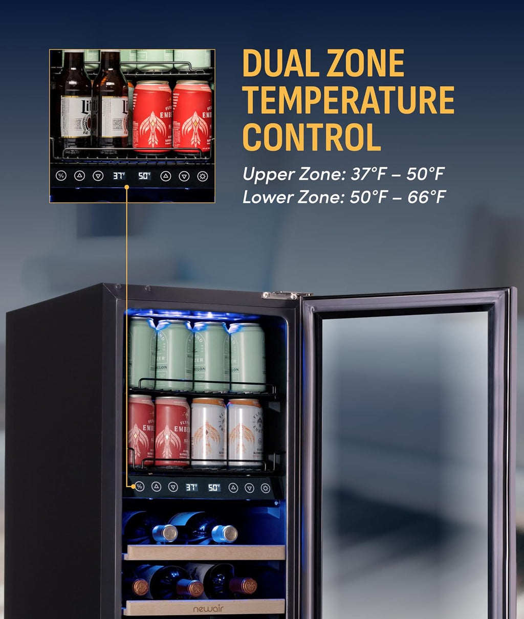 NewAir 15' Wine and Beverage Refrigerator 9 Bottle and 48 Can Capacity, Beverage Cooler in Stainless Steel, Built-in or Freestanding Dual Zone Drink Fridge with Triple-Pane Glass Door