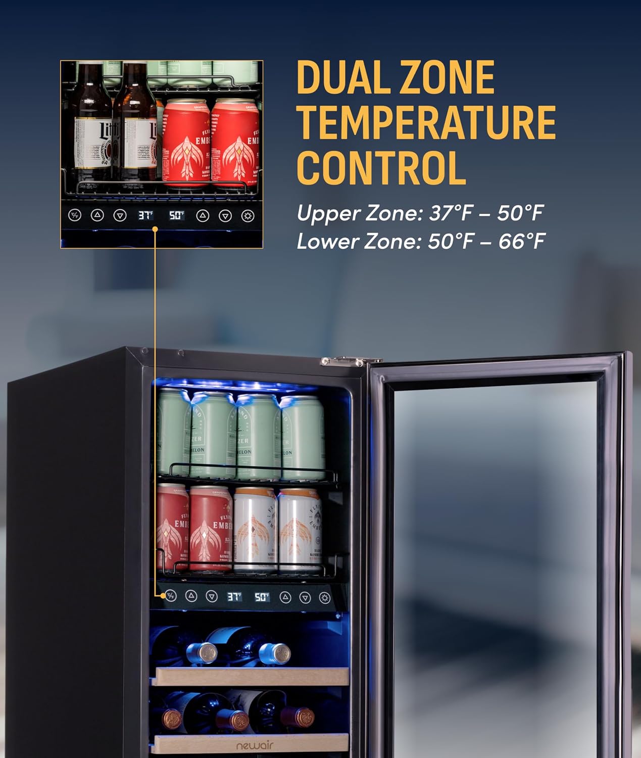 NewAir 15' Wine and Beverage Refrigerator 9 Bottle and 48 Can Capacity, Beverage Cooler in Stainless Steel, Built-in or Freestanding Dual Zone Drink Fridge with Triple-Pane Glass Door