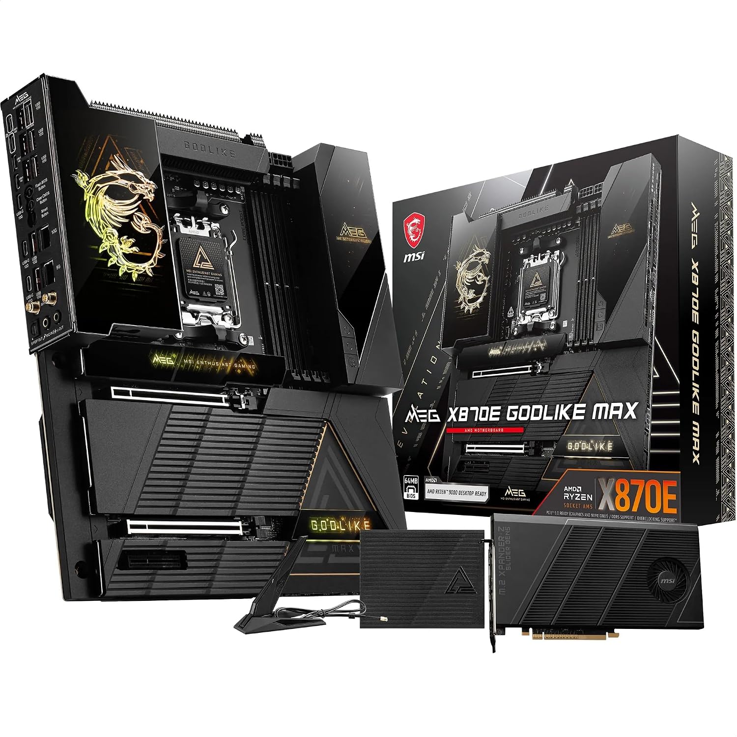 MSI MEG X870E GODLIKE MAX, E-ATX - Supports AMD Ryzen 9000/8000/7000 Processors, AM5 - Dynamic Dashboard III, EZ Slide M.2, 64MB BIOS ROM, 110A SPS, M.2 & PCIe 5.0, USB4, Wi-Fi 7, 10G + 5G LAN