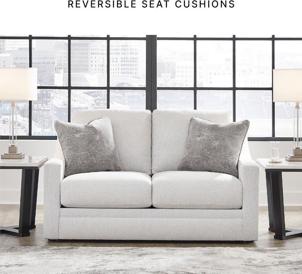Signature Design by Ashley Maitelynn Contemporary Loveseat with Accent Pillows, Reversible Cushions and Sloped Arms, Light Gray