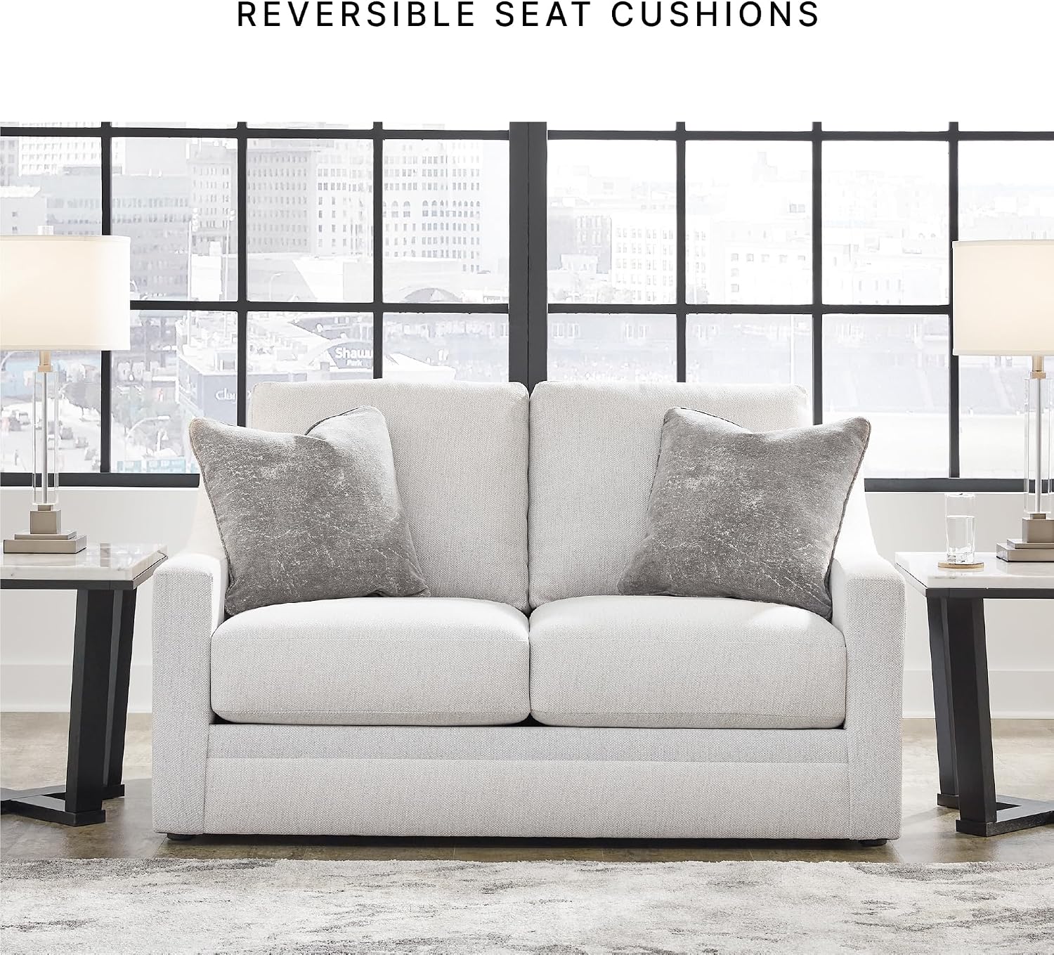 Signature Design by Ashley Maitelynn Contemporary Loveseat with Accent Pillows, Reversible Cushions and Sloped Arms, Light Gray