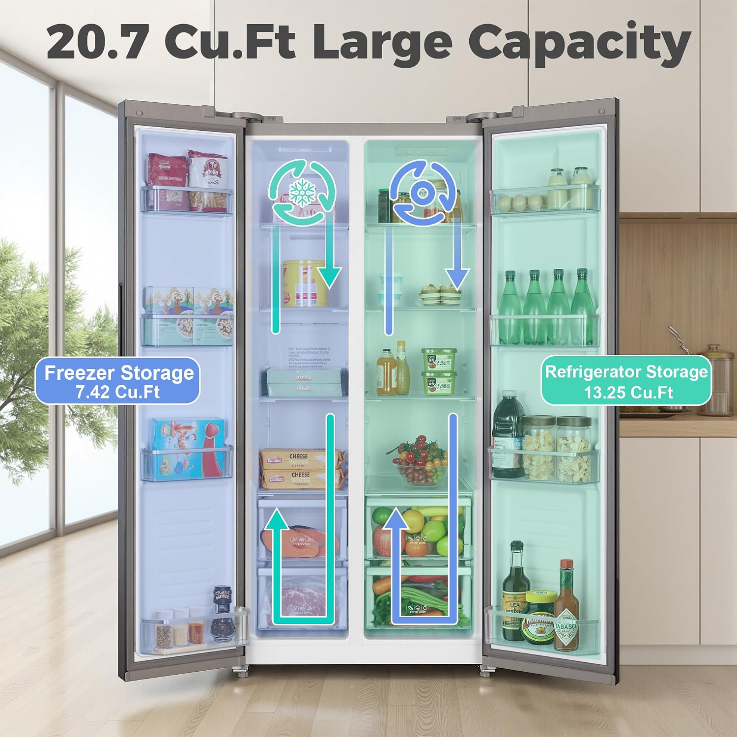 Iceblue 20.7 Cu.Ft. Side-by-side Refrigerators, 36' Full Size Refrigerator, Zoning Temperature Control Beverage Refrigerator with Freezer, Frost Free Beverage Fridge - Black Stainless Steel