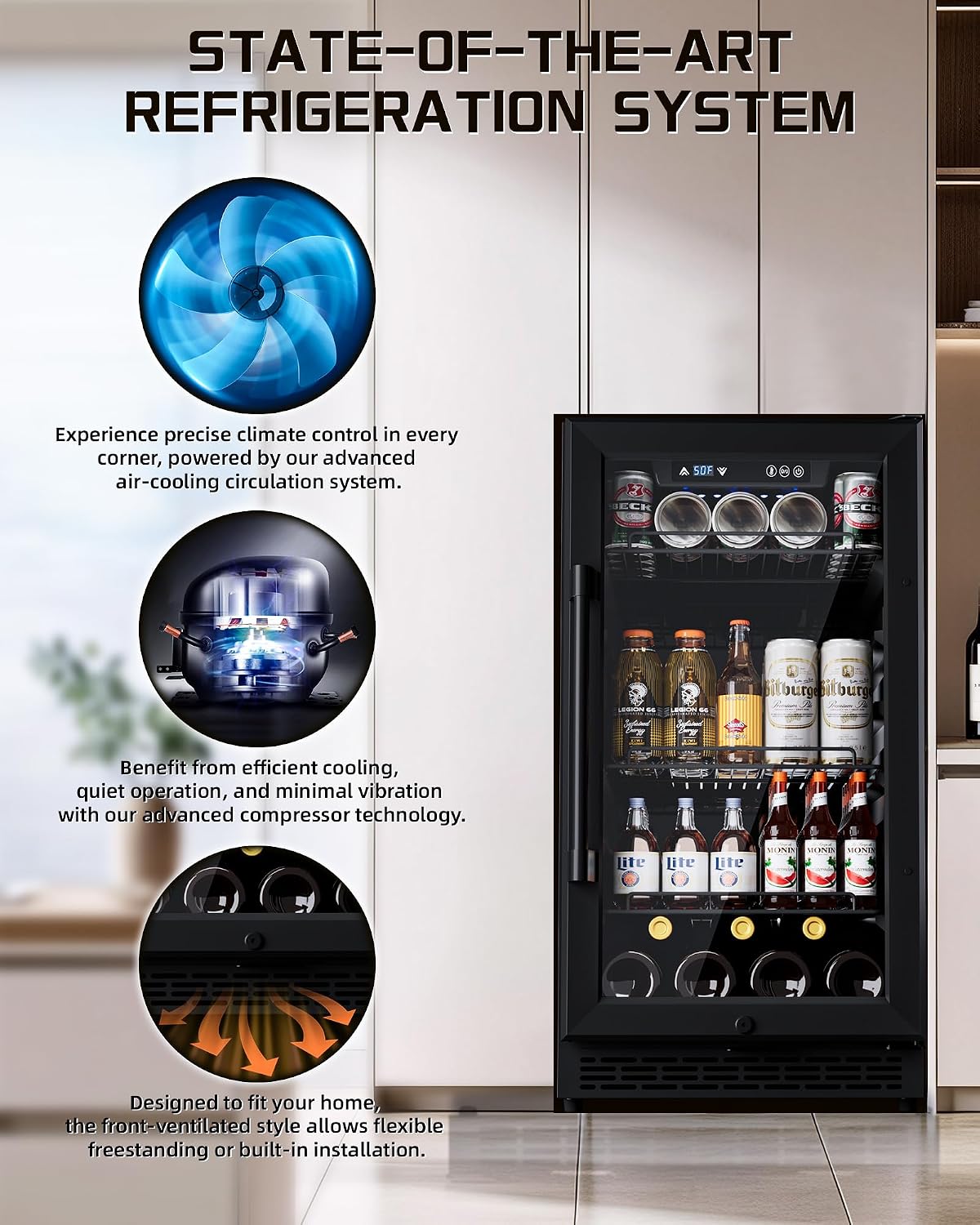 18'' Beverage Refrigerator, 160-Can Built-in or Freestanding Beverage Cooler with Four Adjustable Leveling Feet and Adjustable Shelves for Soda, Beer, Water, and Wine – Perfect for Home, Office, or Ba
