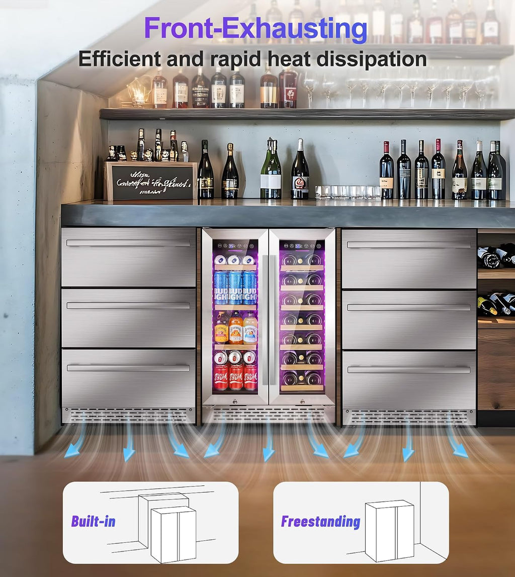 24 Inch Wine and Beverage Refrigerator, 90 Can & 21 Bottle Dual Zone Under Counter or Freestanding Wine Beverage Cooler, 3 LED Stainless-Steel Fridge with Glass Door Fast Cooling for Home/Kitchen