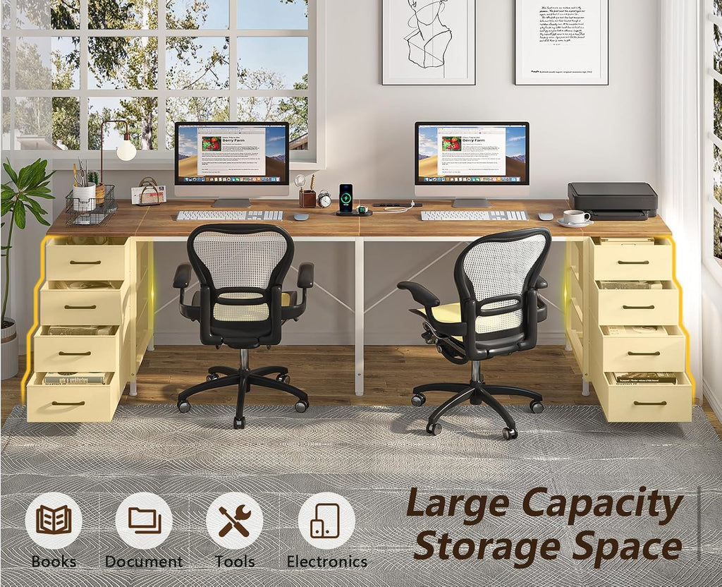 TVU 95' 2 Person Desk with 8 Fabric Drawers, Long Computer Desk Home Office Desk with Storage, Two Person Double Desks with Power Outlets, Brown and White