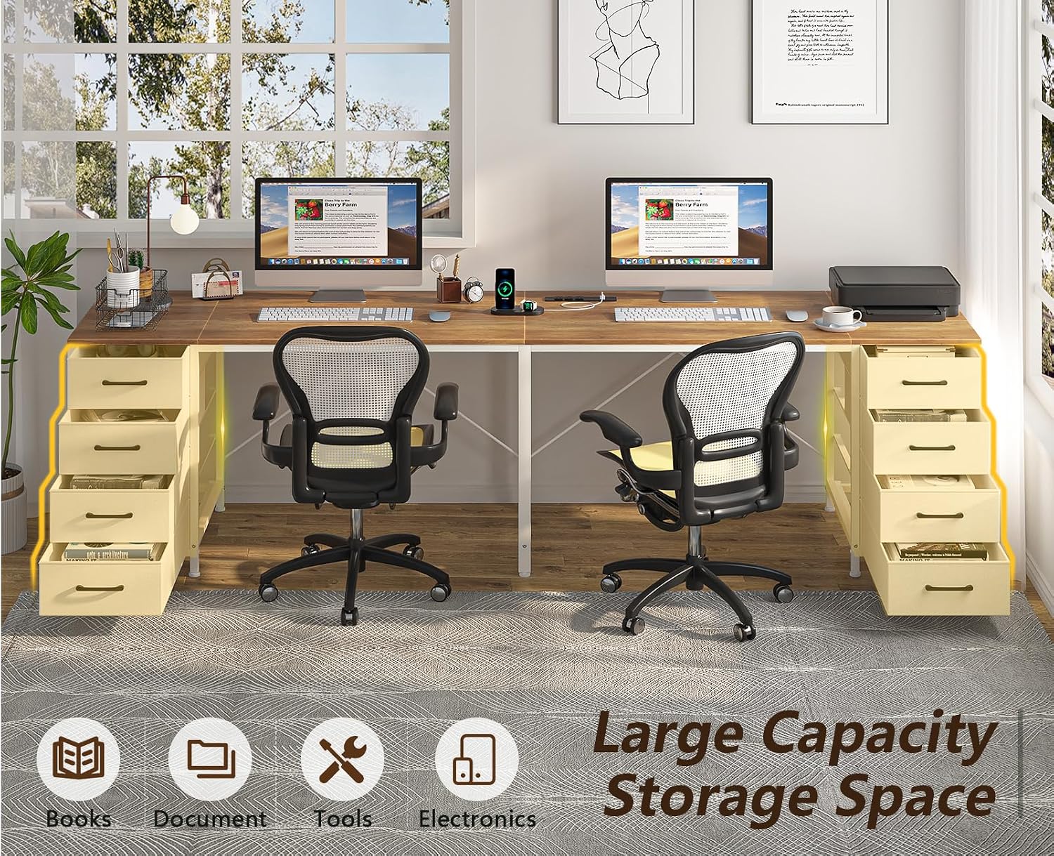 TVU 95' 2 Person Desk with 8 Fabric Drawers, Long Computer Desk Home Office Desk with Storage, Two Person Double Desks with Power Outlets, Brown and White