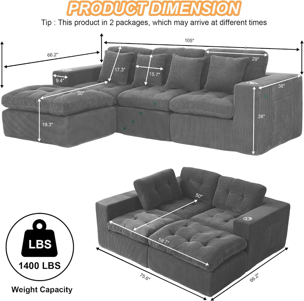 108 inch L Shaped Modular Sofa Bed, 50' Deep Seat Corduroy Boneless Sectional Couch with Ottoman No Assembly, 1400lbs Capacity Cloud Sleeper for Living Room Apartment (Dark Gray)