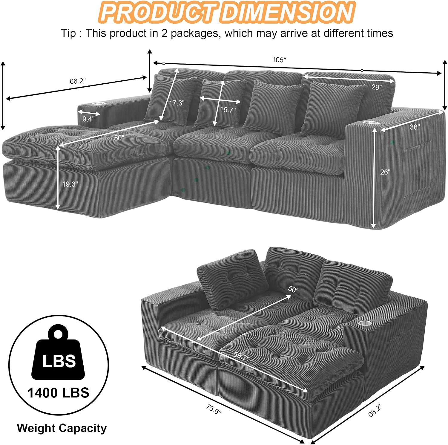 108 inch L Shaped Modular Sofa Bed, 50' Deep Seat Corduroy Boneless Sectional Couch with Ottoman No Assembly, 1400lbs Capacity Cloud Sleeper for Living Room Apartment (Dark Gray)