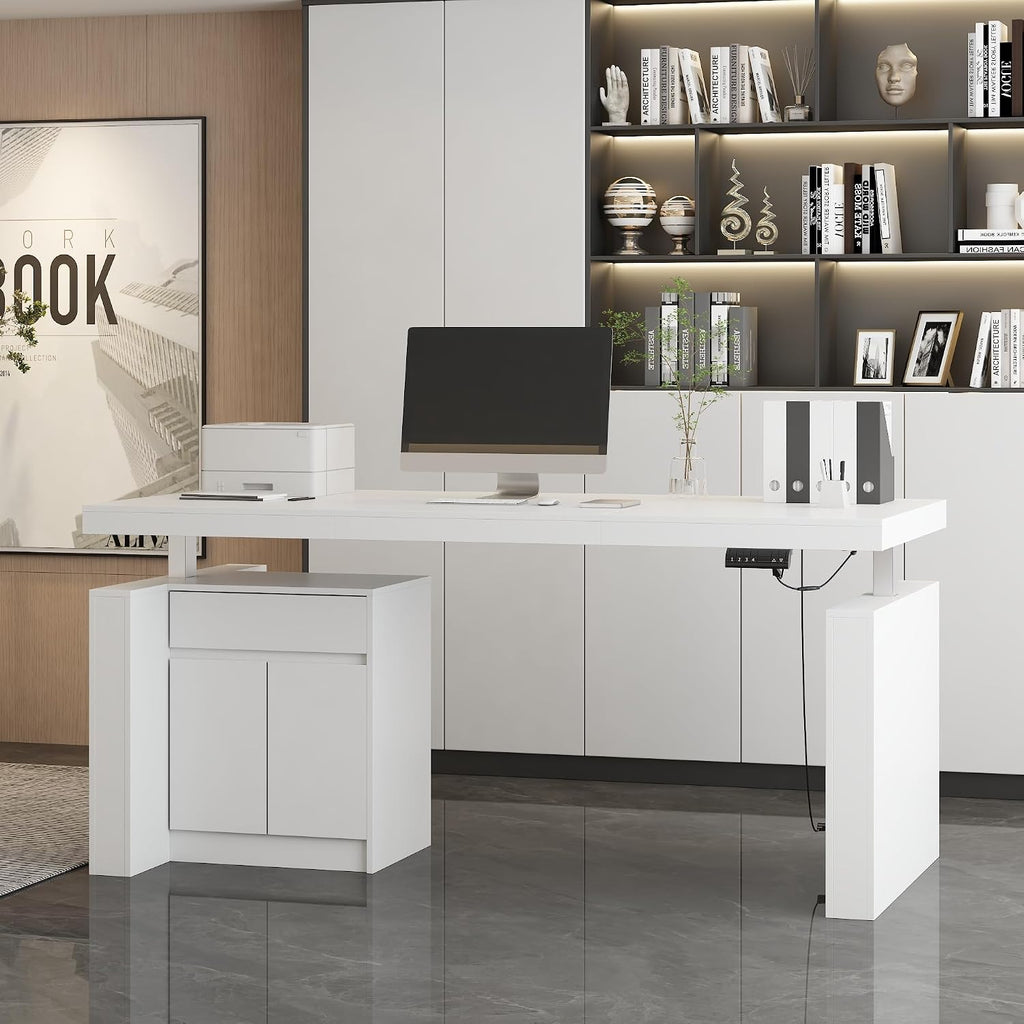 70.9' W Height Adjustable Standing Desk with Drawers & Cabinet, Electric Stand up Desk with Storage, I Shaped Home Office Table Corner Computer Workstation, White (29.5'-44.1' H)