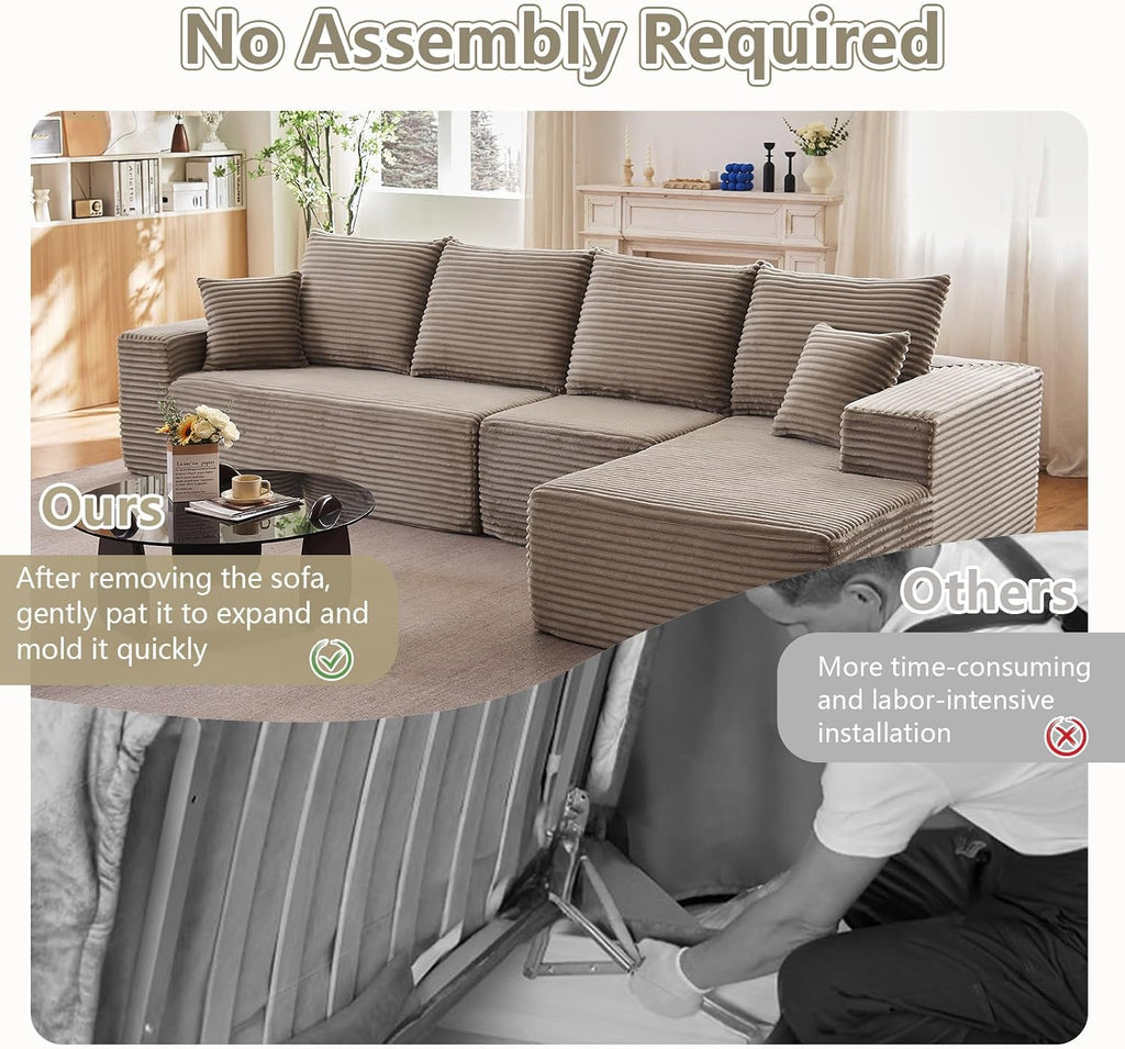 135' Cloud Sectional Couch with L-Shape Chaise, Modern Modular Comfy Sofa Chaise Longue, Upholstered Corduroy Couches Sleeper with Deep Seat for Living Room Bedroom, No Assembly Required, Camel
