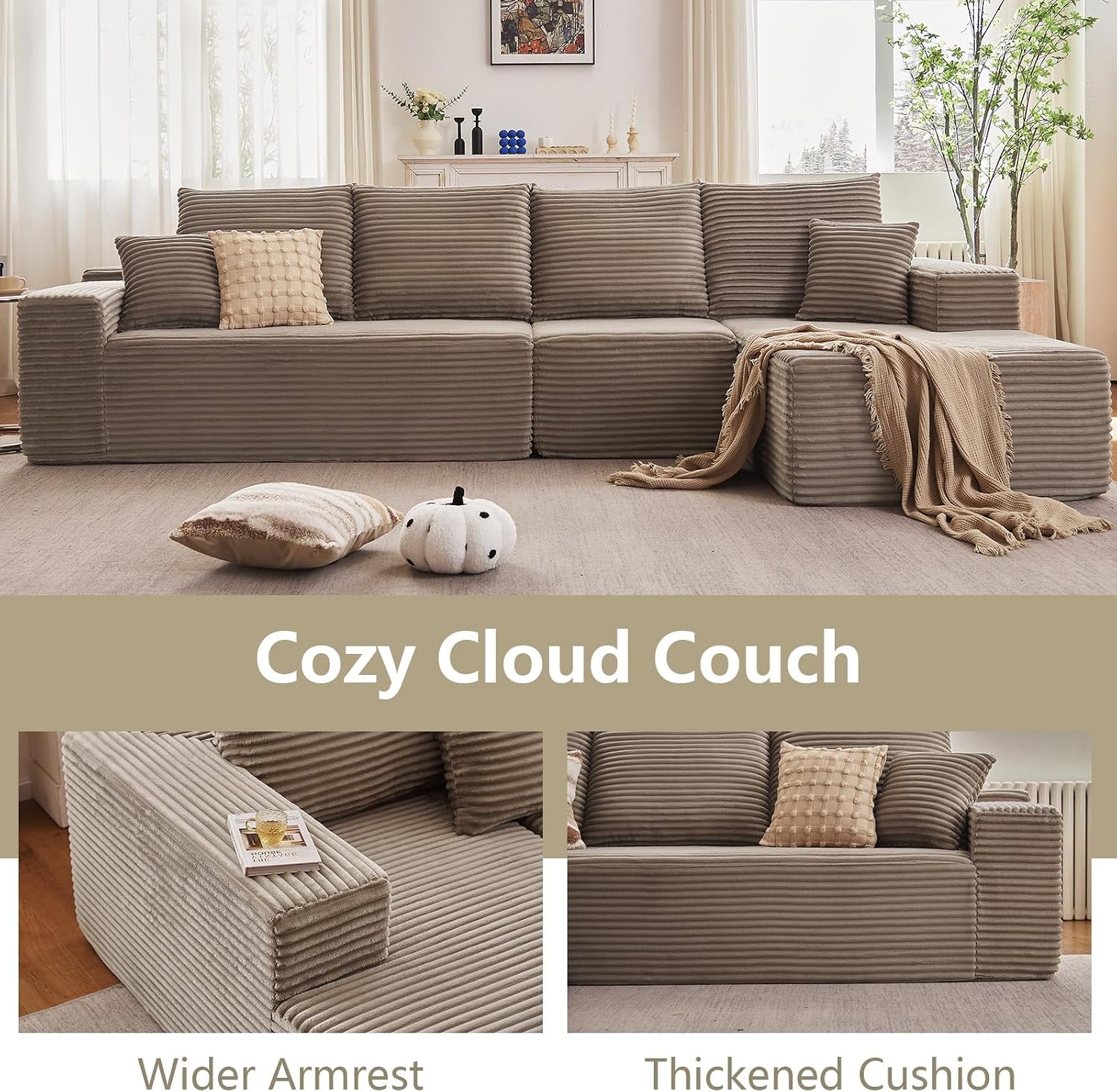 135' Cloud Sectional Couch with L-Shape Chaise, Modern Modular Comfy Sofa Chaise Longue, Upholstered Corduroy Couches Sleeper with Deep Seat for Living Room Bedroom, No Assembly Required, Camel