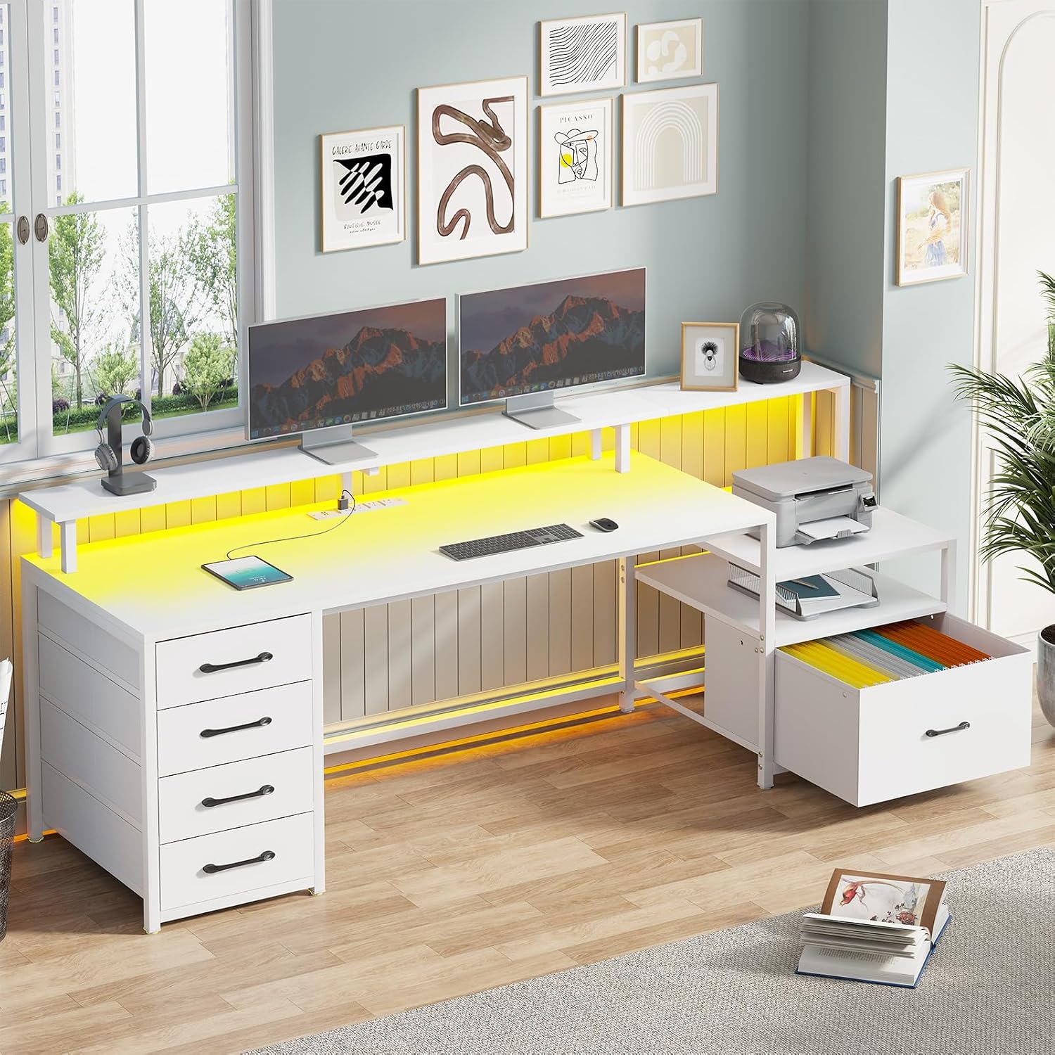 SEDETA White Computer Desk with 5 Drawer & Power Outlet, 66'' Home Office Desk with File Drawer, Storage Shelves, Printer Cabinet and Monitor Shelf, Gaming Desk with Led Lights
