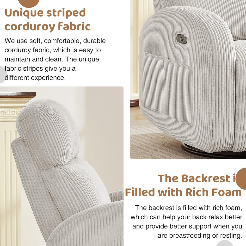 Power Swivel Rocker Recliner Nursery Glider Recliner, Swivel Glider Recliner with USB & Type-C Port, Reclining Nursery Rocker with Double Pockets for Living Room, Camel, Corduroy