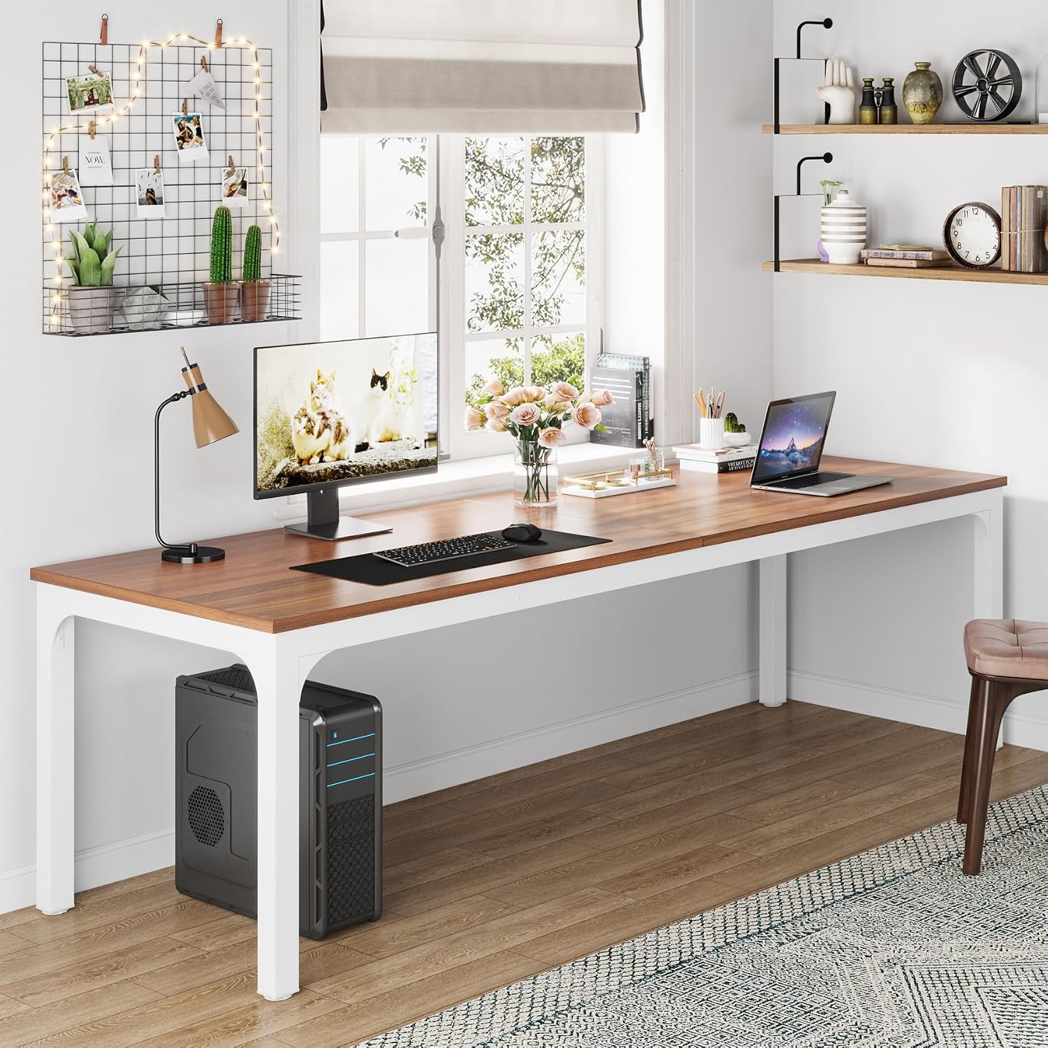 Tribesigns 78.7 Inches Extra Long Computer Desk 2 Person Desk, Double Long Desk, Workstaion for Home Office (Walnut+White)