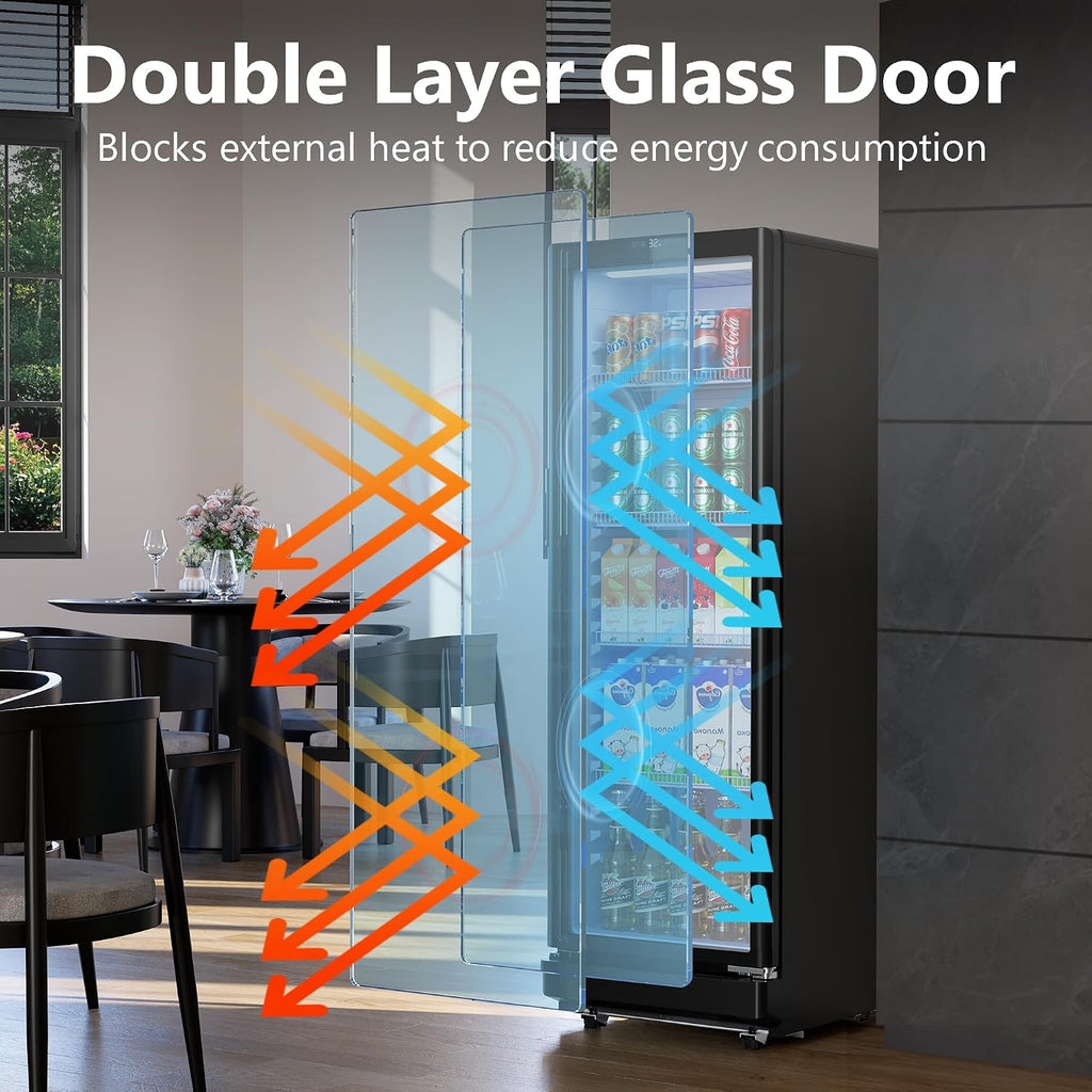 8.5 Cu.Ft Commercial Refrigerators, Display Fridge with Double-Tempered Glass Door, Outdoor Beverage Refrigerator with Locking, Key & LED, Beverage Cooler for Bar, Office, Restaurant