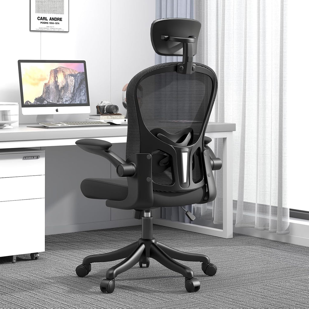 Mesh Office Chair with Adjustable Lumbar Support and Headrest, Ergonomic High Back Task Chair for Home Office, Flip-Up Arms 90-120° Tilt Lock Rolling Swivel Work Chairs(Black6065)