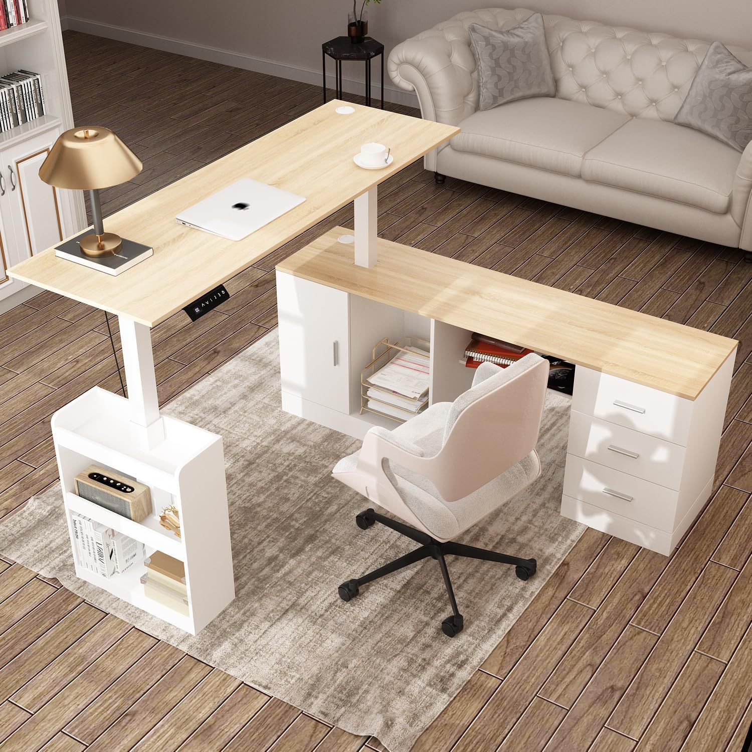 Homsee Home Office L Shaped Electric Standing Desk with Drawers and Shelves, Height Adjustable Stand up Desk, 63' Computer Executive Corner Table, Oak & White