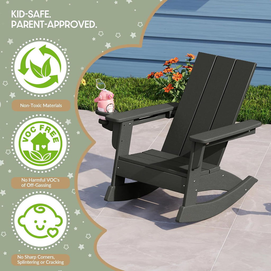 WestinTrends Ashore Outdoor HDPE Plastic Preschool Toddler Modern Adirondack Rocking Chairs (Set of 2), Gray