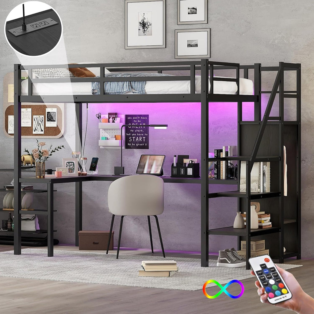 Metal Twin XL Size Loft Bed with Desk and Wardrobe,Heavy Duty Loft Bed Frame with Storage Stairs,LED Lights and Charging Station for Kids,Teens,Adults,Space Saving,Black