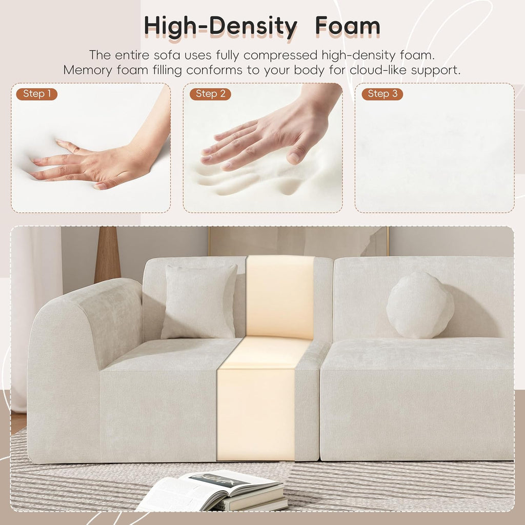 Merax 140' Curved Polyester Sectional Sofa Set, Modern Cloud Couch with Chaise Lounge & 3 Pillows, Fully Assembled for Living Room, Beige