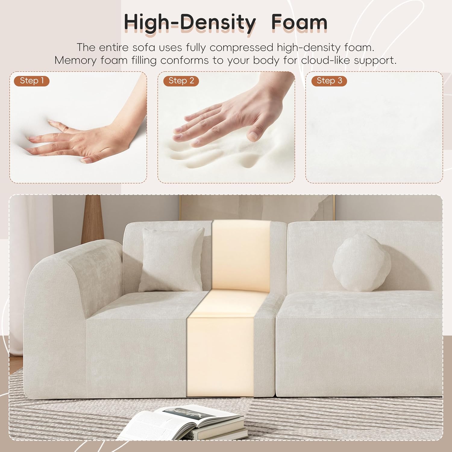 Merax 140' Curved Polyester Sectional Sofa Set, Modern Cloud Couch with Chaise Lounge & 3 Pillows, Fully Assembled for Living Room, Beige