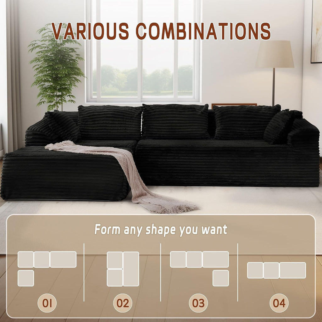 Korser 110' L-Shaped Modular Sectional Sofa with Chaise, Boneless Comfy Corduroy Fluffy Couch with Deep Seat and Side Pockets, Flexible Module Combination for Living Room, No Assembly, Side Pockets
