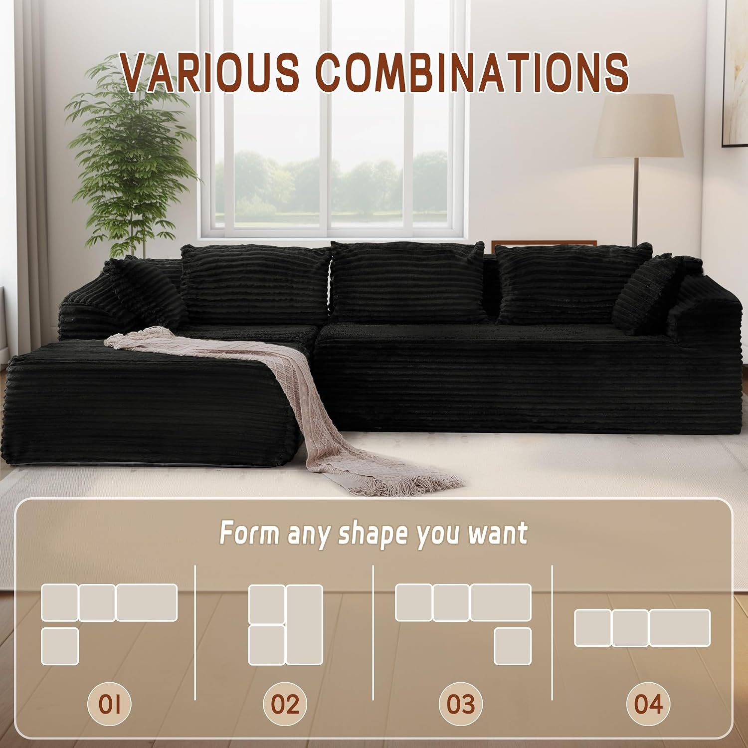 Korser 110' L-Shaped Modular Sectional Sofa with Chaise, Boneless Comfy Corduroy Fluffy Couch with Deep Seat and Side Pockets, Flexible Module Combination for Living Room, No Assembly, Side Pockets