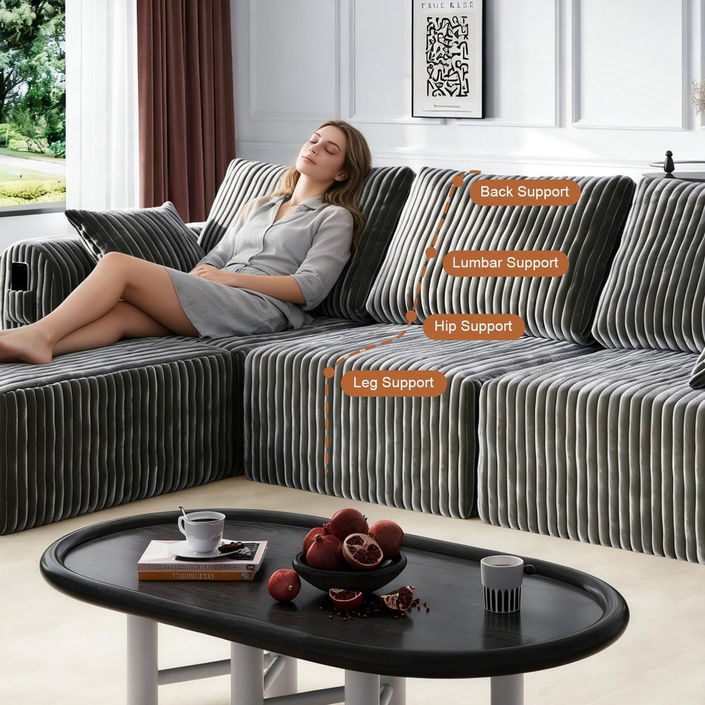 Modular Sectional Sofa, Boneless Couches for Living Room, L-Shape Sofa Couches,Cloud Couch Sectional, Comfy Corduroy Sofa, with Deep Seat, No Assembly Required (Gray, 4 Seater + 2 Ottoman)