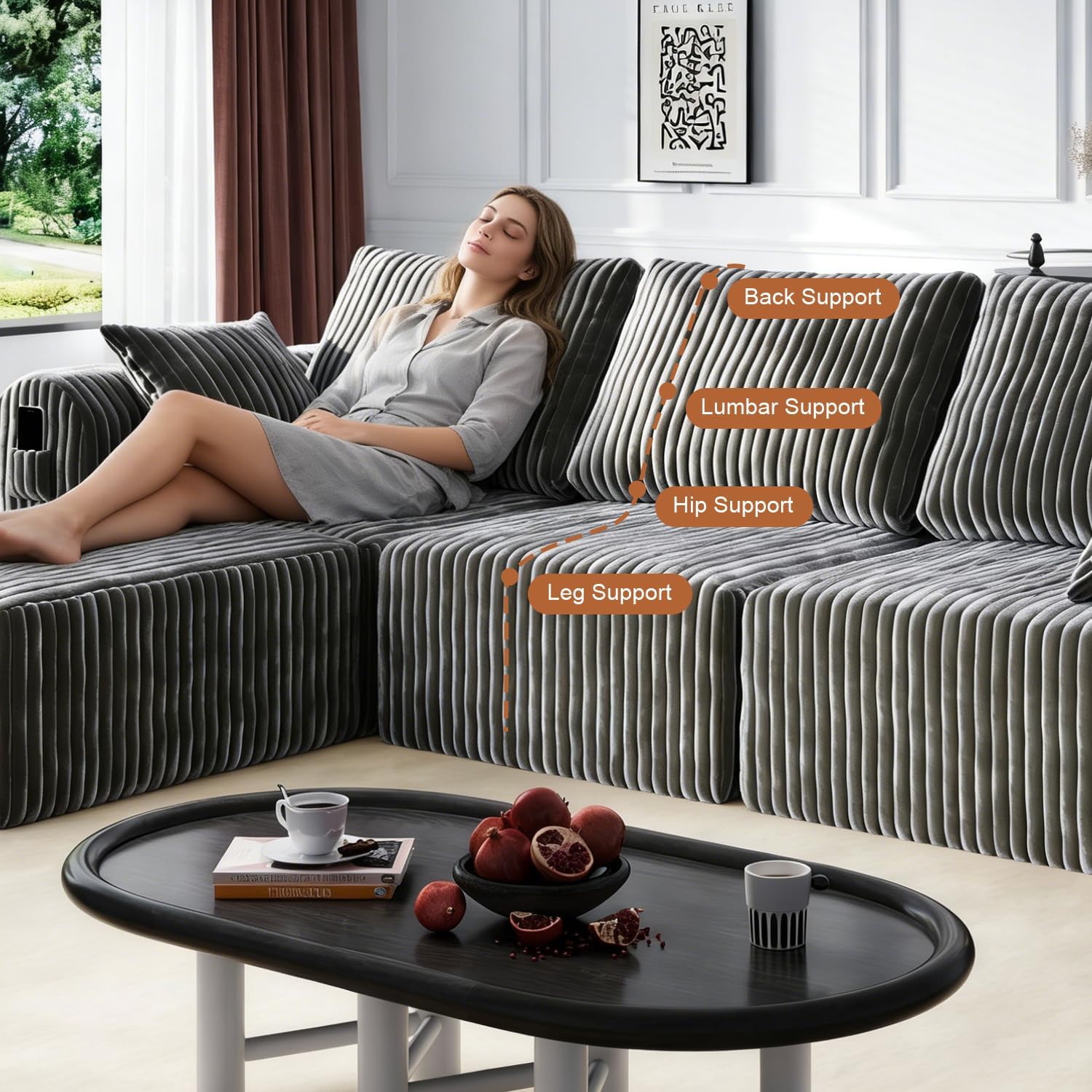 Modular Sectional Sofa, Boneless Couches for Living Room, L-Shape Sofa Couches,Cloud Couch Sectional, Comfy Corduroy Sofa, with Deep Seat, No Assembly Required (Gray, 4 Seater + 2 Ottoman)