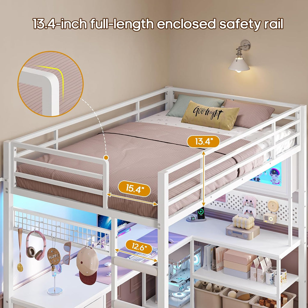ADORNEVE Gaming Loft Bed Twin Size with L-Shaped Desk, Storage Drawers & RGB Arcylic Hutch, Expanded Safety Power Outlet, Metal LED Loft Bed Frame with Wide Ladder, for Teen Girls, White