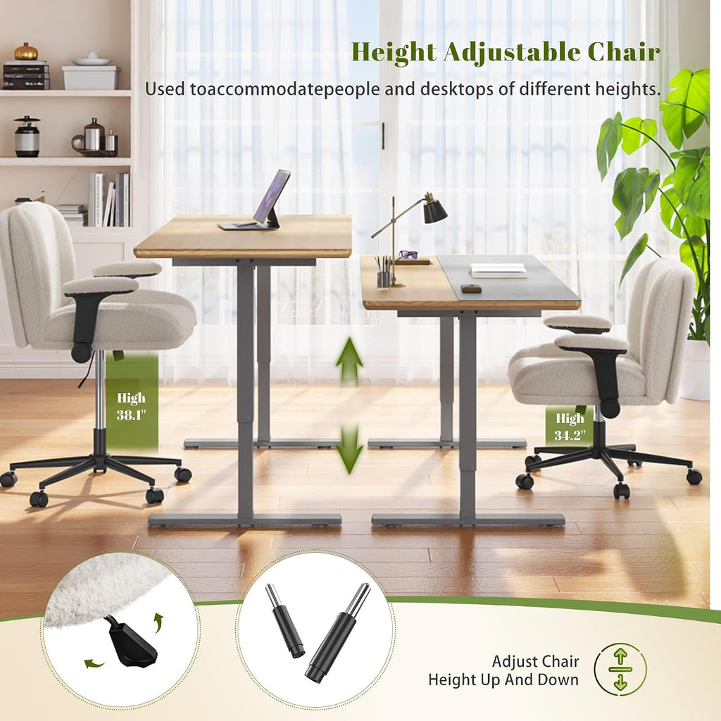 DurayLoly Criss Cross Chair with Wheels,Flip Up Arms,Wide Seat,Teddy Fleece,Adjustable Height,Cross Legged Desk Chair for Bedroom,Dorm,Home Office,White