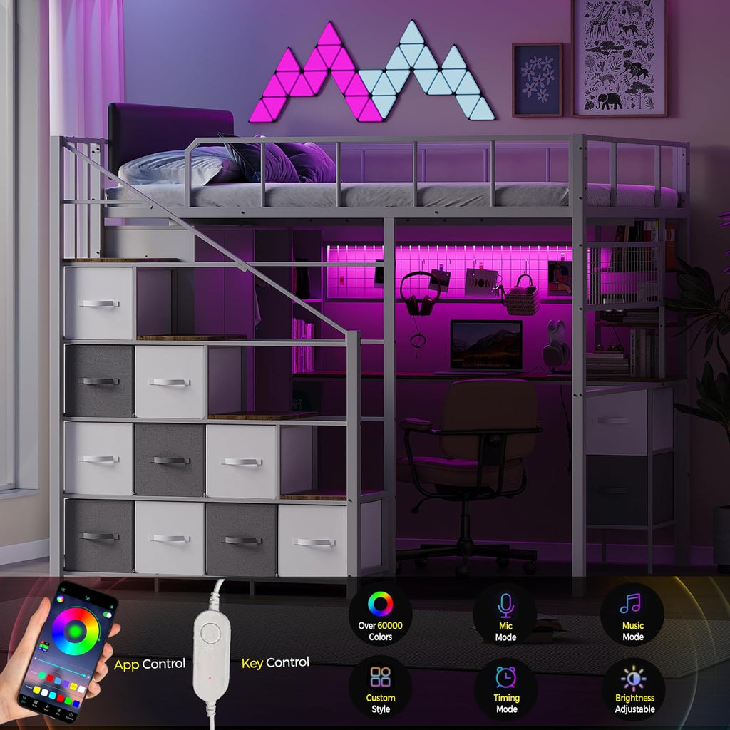 Kikihouse Full Size Loft Bed with Desk, Stairs & LED Light, Metal Gaming Loft Bed Frame with Headboard, Safety Guardrails, Charging Station, Closet and 12 Fabric Drawers, Space Saving, White and Oak