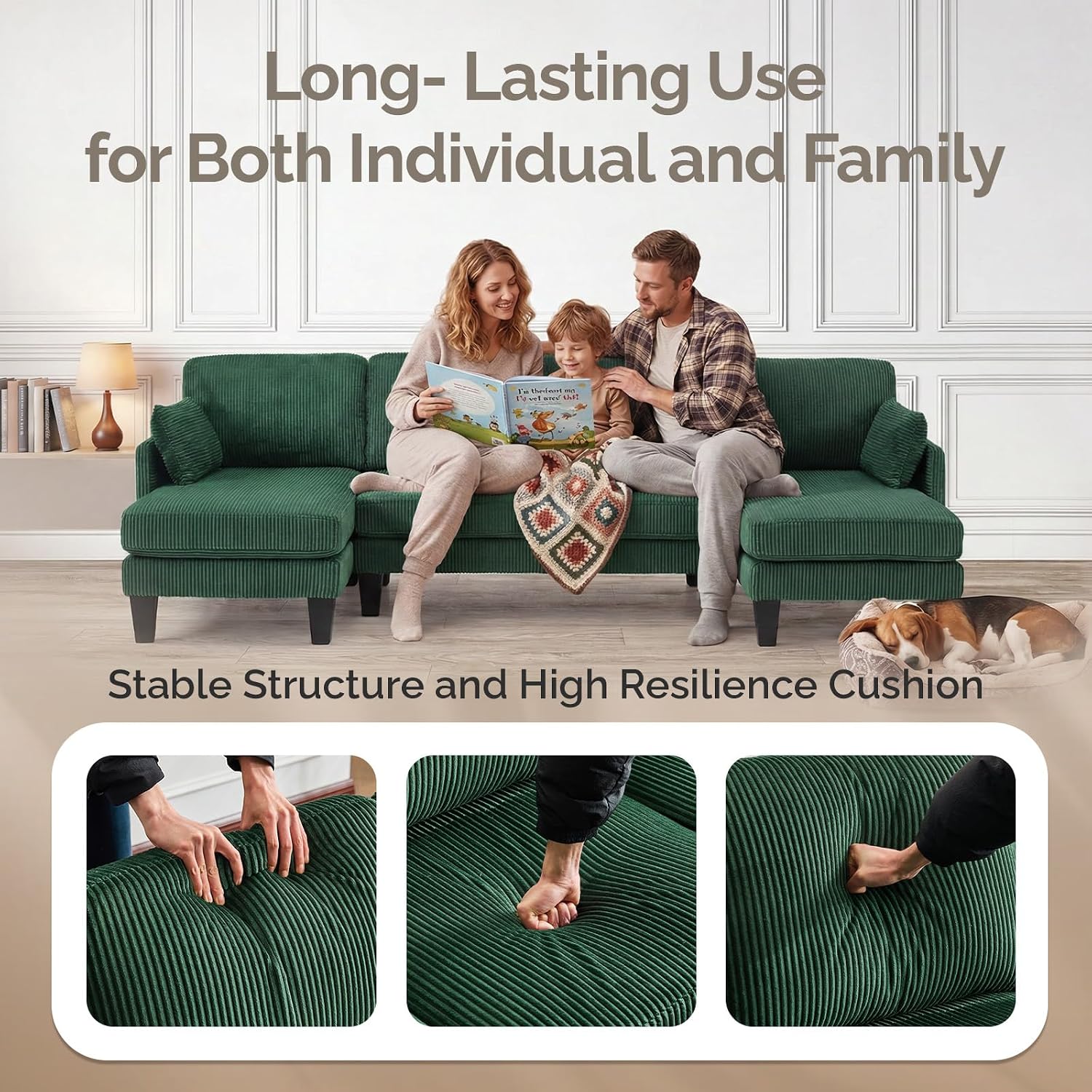 VINGLI 108' W U-Shaped Sectional Couches for Living Room, Sturdy Wooden Armrest Corduroy Cloud Couch with Double Chaise, High Support Modern 4-Seat Sectional Sofa for Apartment, Offices, Dark Green