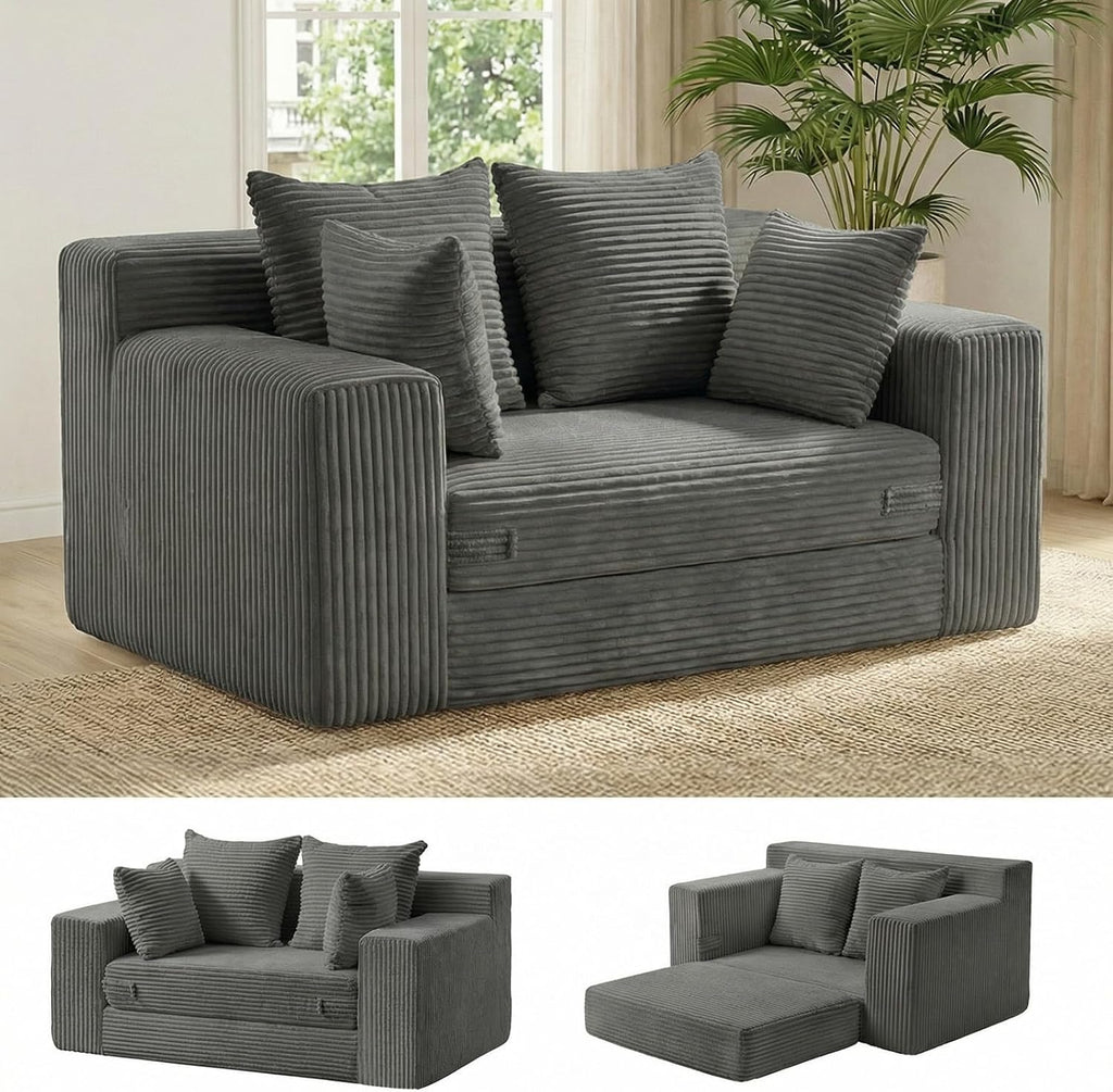 cidludto Boneless Couch Loveseat Sleeper, Convertible Sofa Bed Folding Couch Bed Foldable, 2 in 1 Boneless Chair Bed & Futon Sofa Bed, Small Pull Out Sofa with 4 Pillows for Living Room, Grey | No Assembly, Convertible, 2 in 1, Pull Out Handle, 4 Pillows