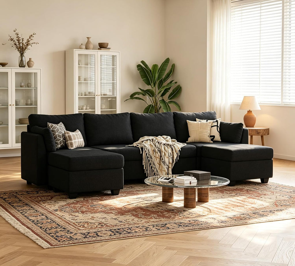Huatean Home 114.17' Modular Sectional Sofa, 6 Seat Sectional Couches with Storage, Memory Foam, Convertible Modular Couch for Living Room, U Shaped Comfy Modular Sofa with Chaise, Black