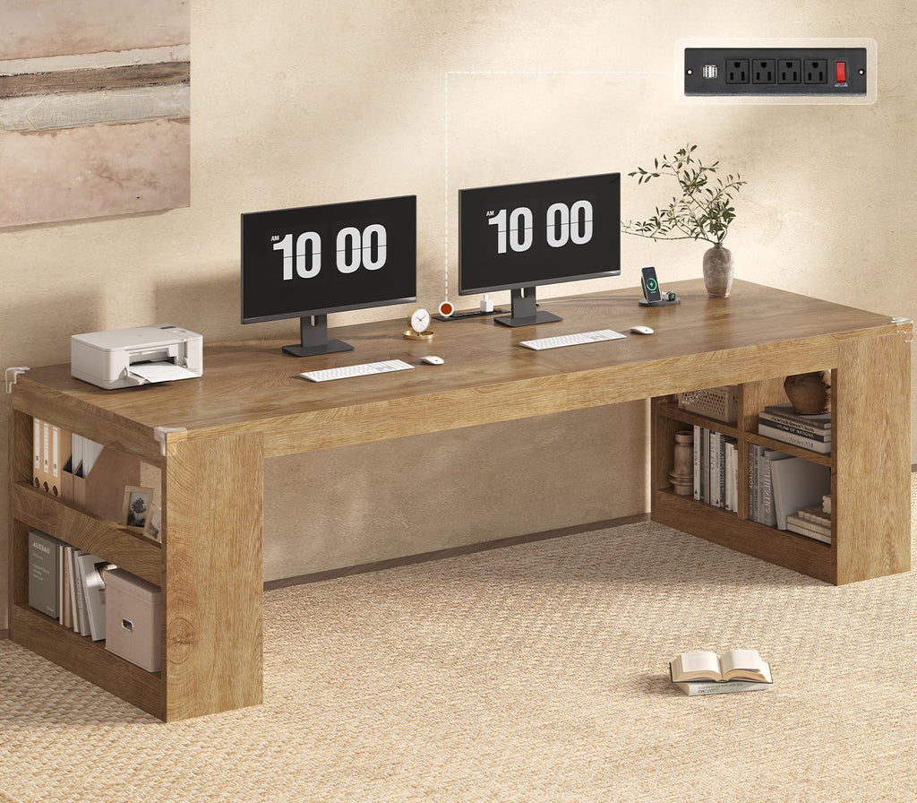UPOSOJA 2 Person Desk with Power Outlet, 86.6' Wood Office Desk with Cable Management & Storage Shelves, Extra Long Computer Desk, Two Person Gaming Desk, Double Writing Table for Home Office, Oak